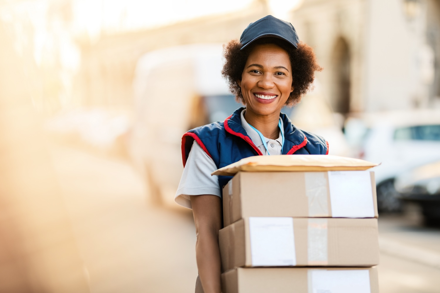 Portrait of happy black courier delivering packages and looking at the camera.